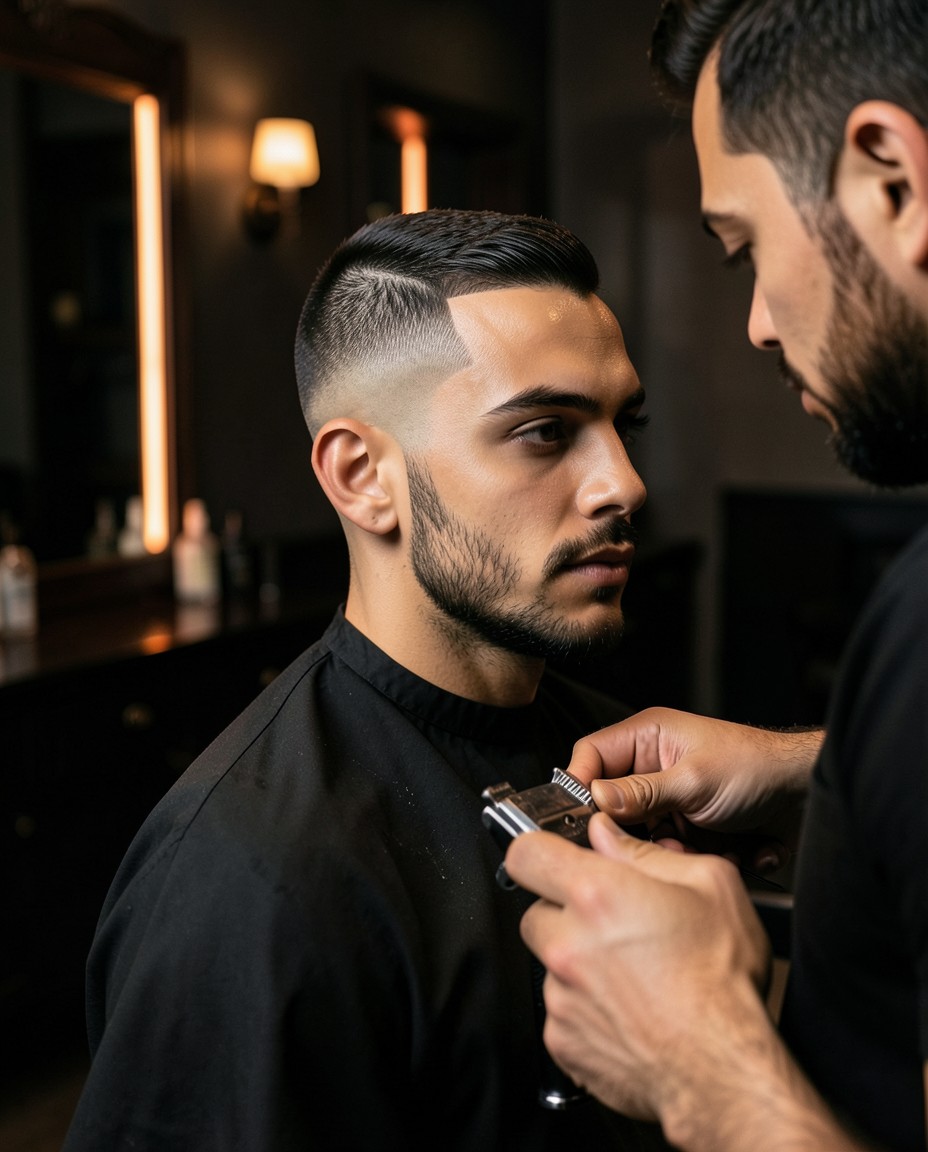 Barbero realizando un corte fade de precisión